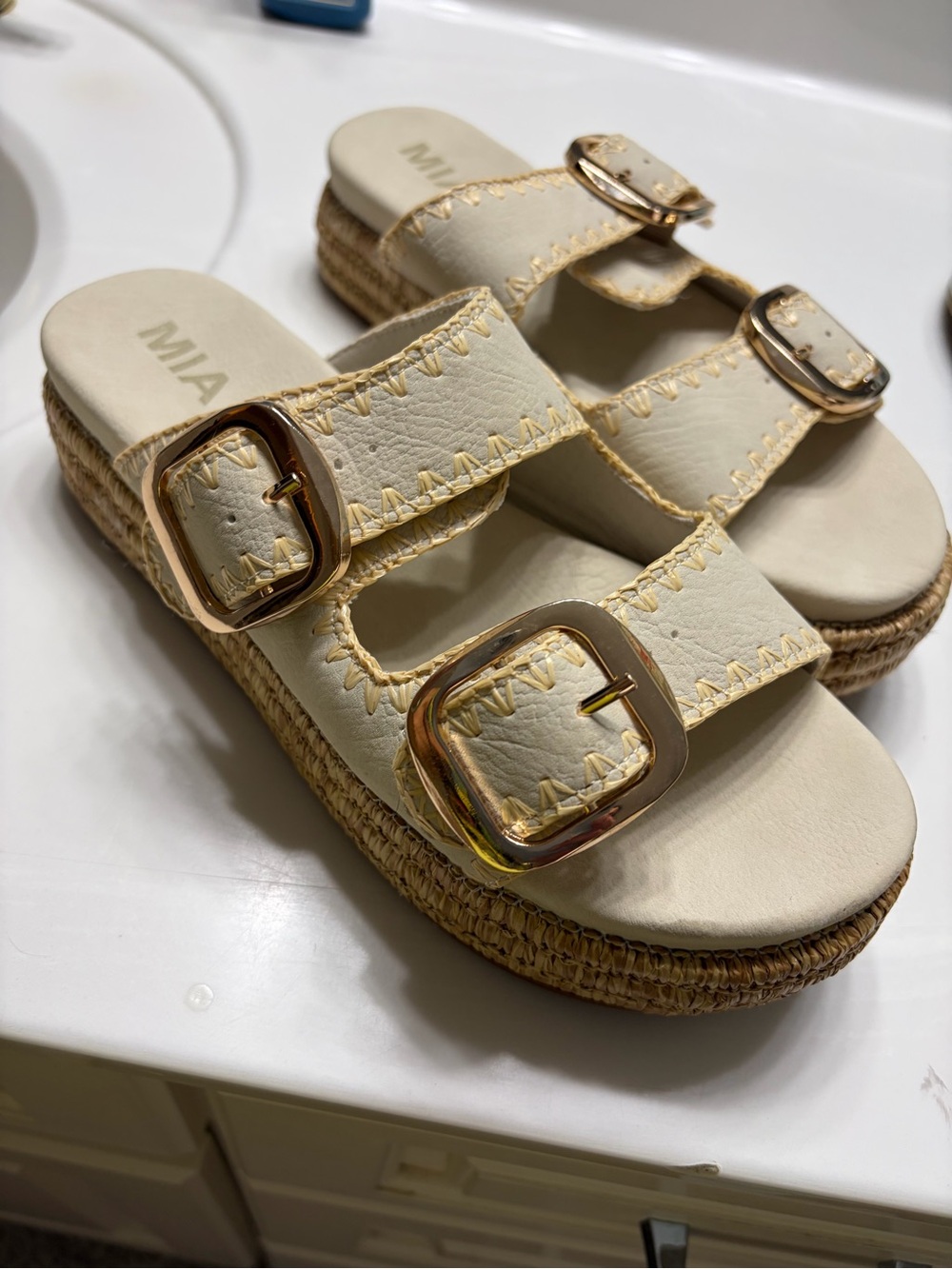 MIA Neutral Double Buckle Espadrille Slides with Gold Buckles - Picture 4 of 4